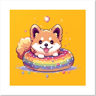 Pride Month Kawaii Corgi with Donut Pixel Art Posters and Art